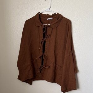 Linen Fox Brown Tie-Front real linen loose chore jacket